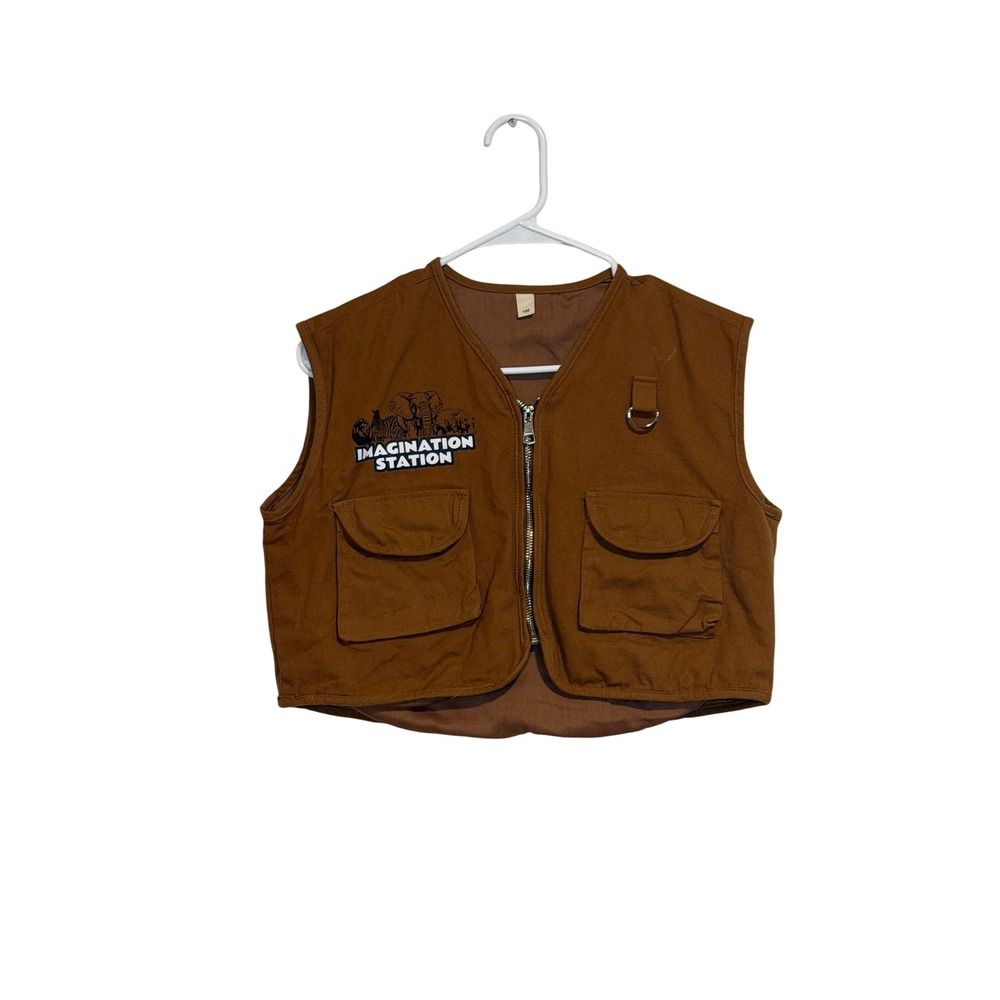 Imagination Station Safari Utility Vest Brown Cotton Cropped Zipped XL Cosplay